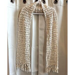 Tivoli Scarf Handknit Beige Cotton Fringe Festival Open Knit Western Boho 19214x